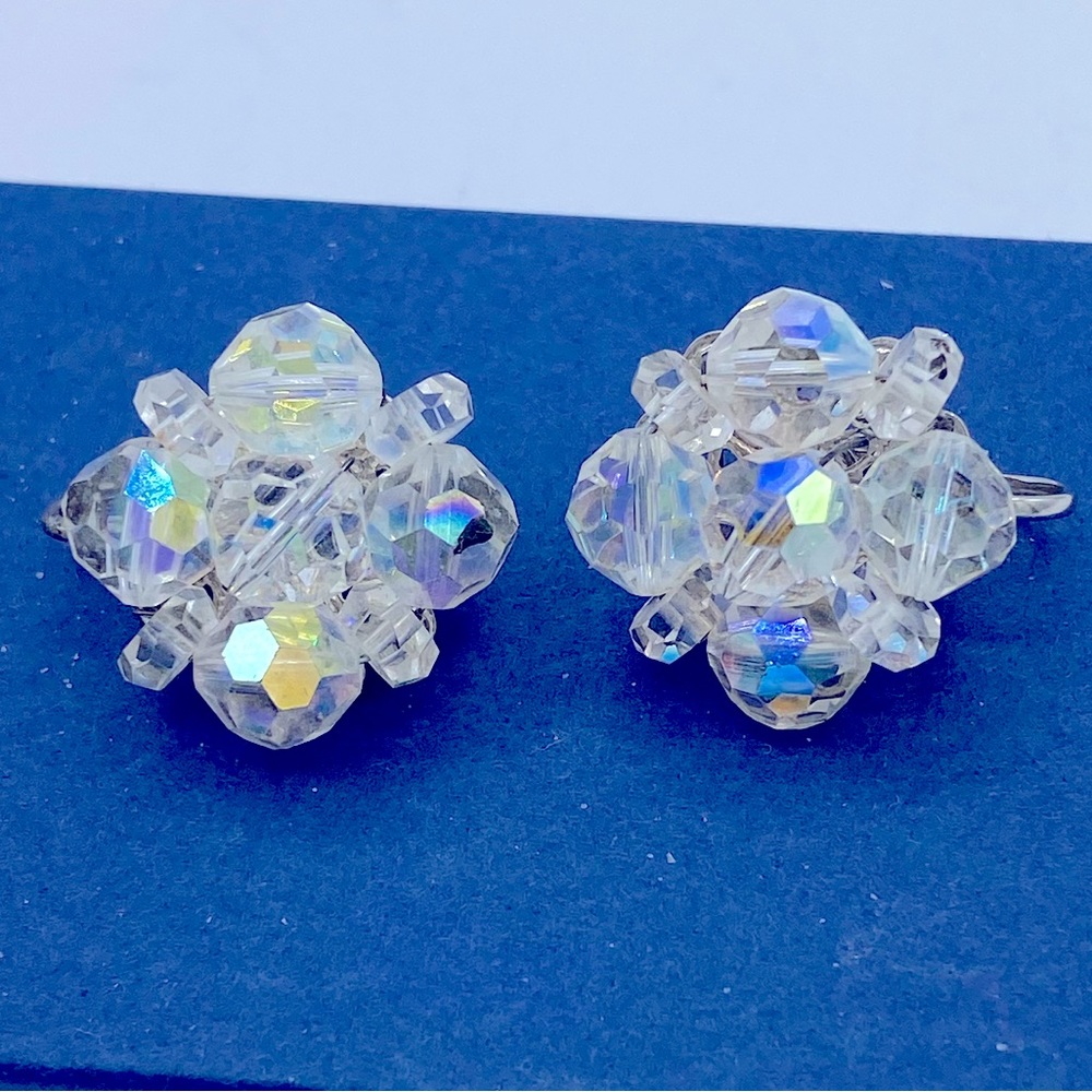 Vintage Laguna Aurora Borealis AB Crystal Flower Shape Clip On Earrings Signed